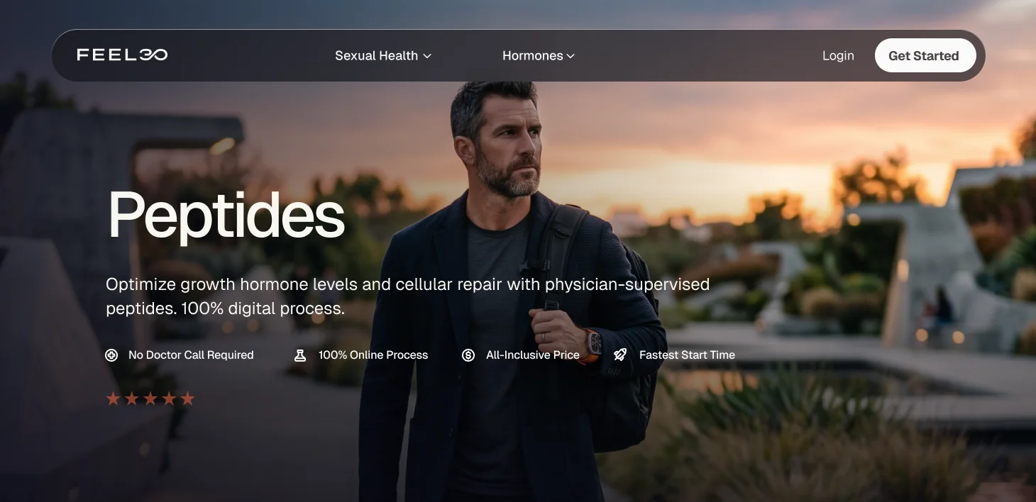 Feel30 peptides page: 'Peptides' over a portrait of a man at sunset