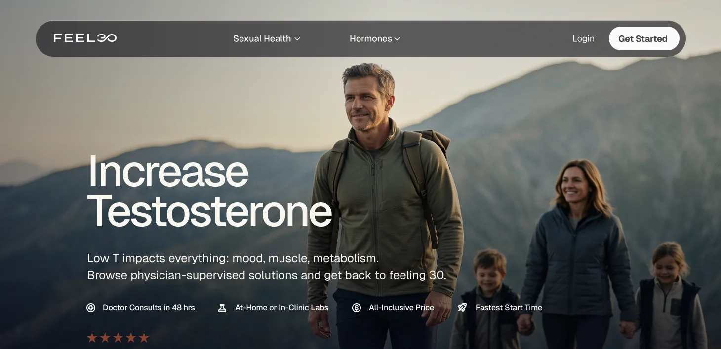 Feel30 testosterone page: 'Increase Testosterone' over a photo of a father hiking with his family