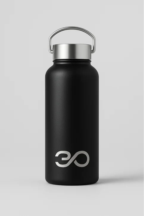 A matte black water bottle with the Feel30 symbol.