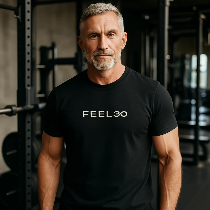 A grey-haired man in a gym wearing a black Feel30 t-shirt.