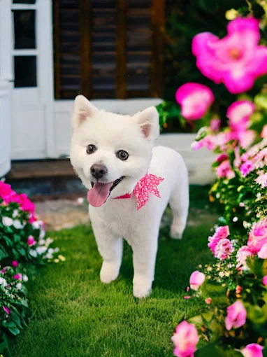 A fluffy white puppy in a pink bow tie standing on grass beside pink roses.