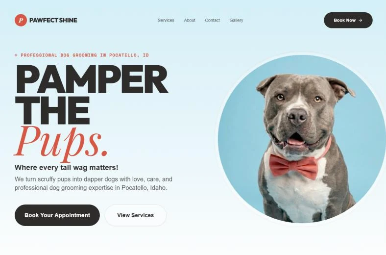 Pawfect Shine homepage: 'Pamper the Pups.' beside a grey pit bull in a coral bow tie, with Book Your Appointment and View Services buttons.